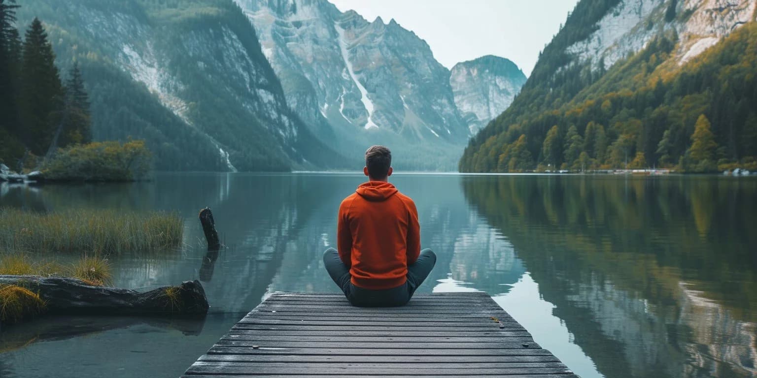 Athletic man sitting on a dock looking out over a scenic lake