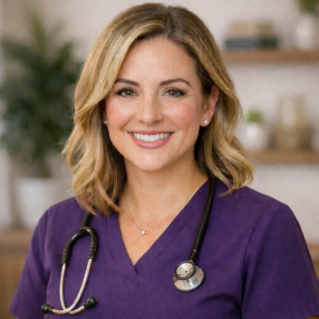 A smiling female healthcare professional, wearing purple scrubs and a stethoscope around her neck, in a medical or clinical setting.