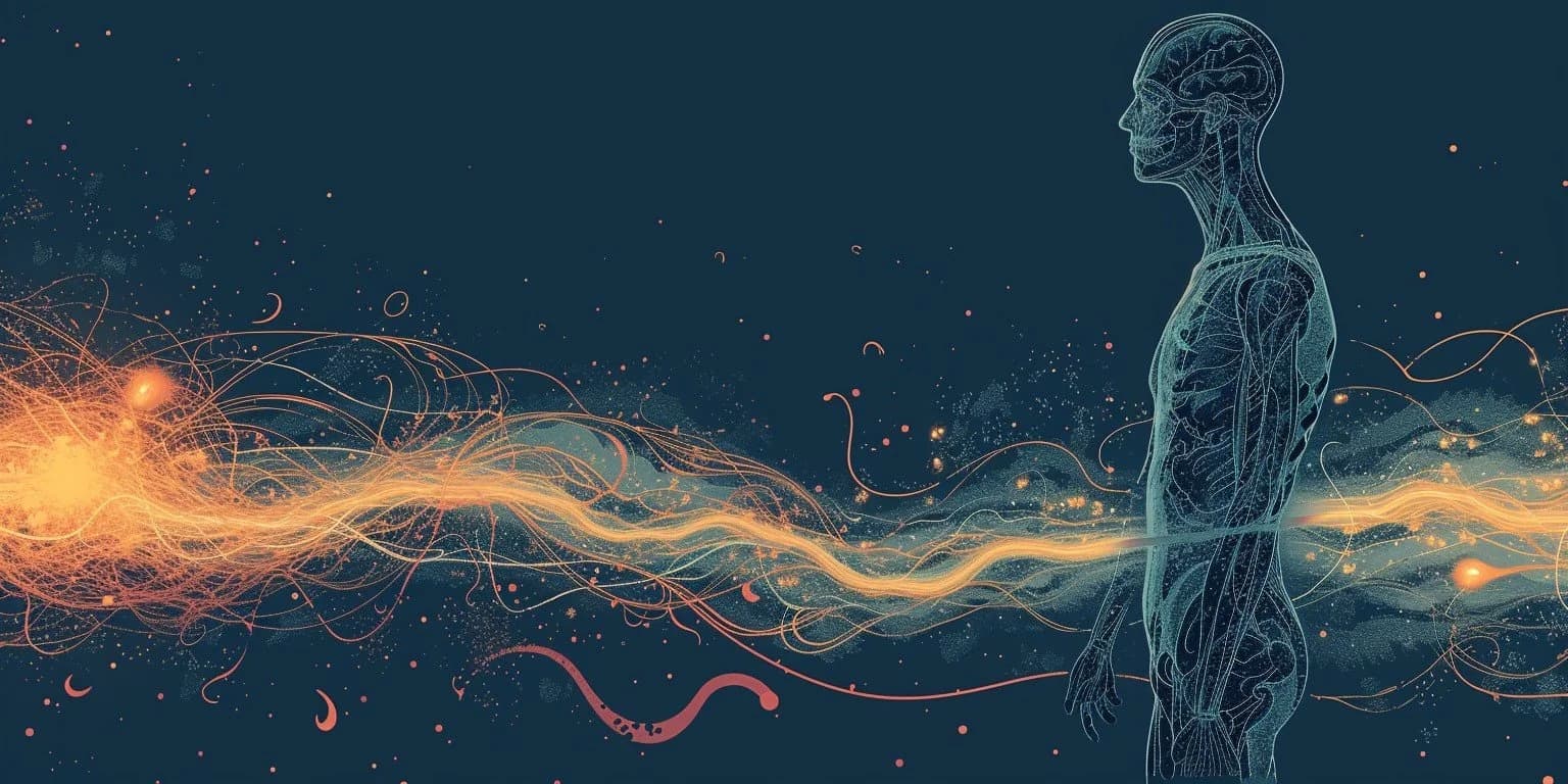 Minimalist line-art of the full human body with scientific annotations