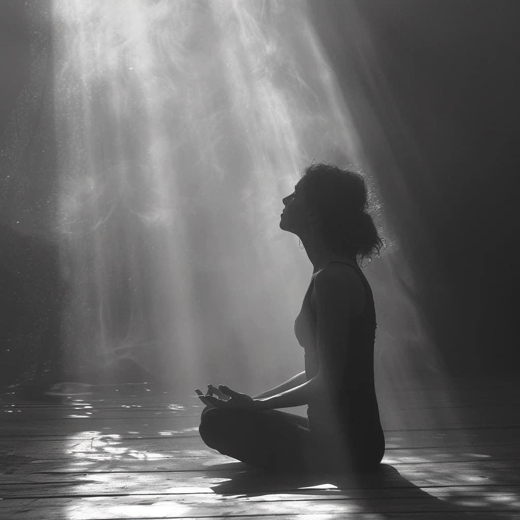 A woman practicing yoga or meditation in a dark, serene setting with light beams shining down.