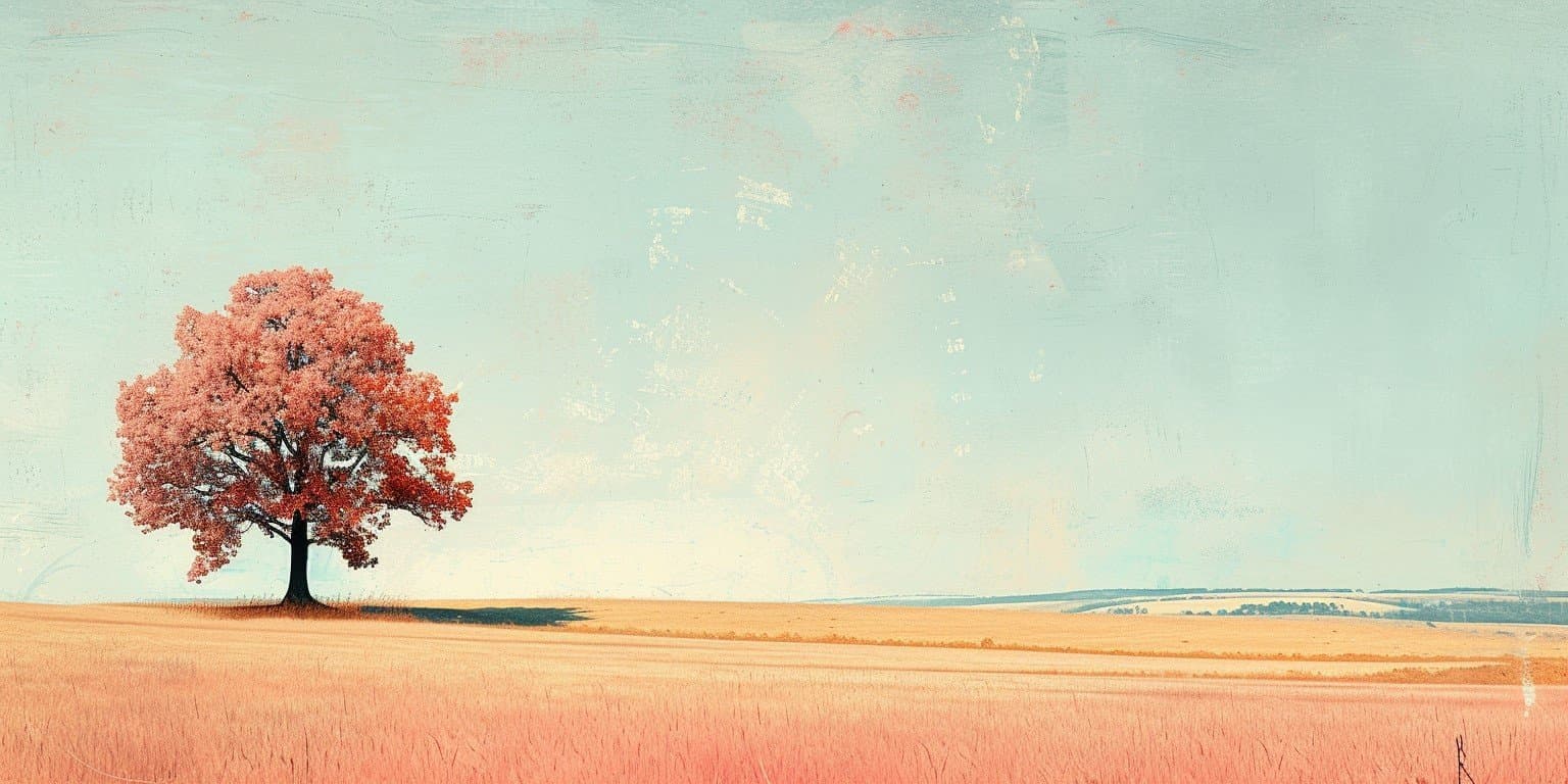 Minimalist tree in a field, soft pastel colors