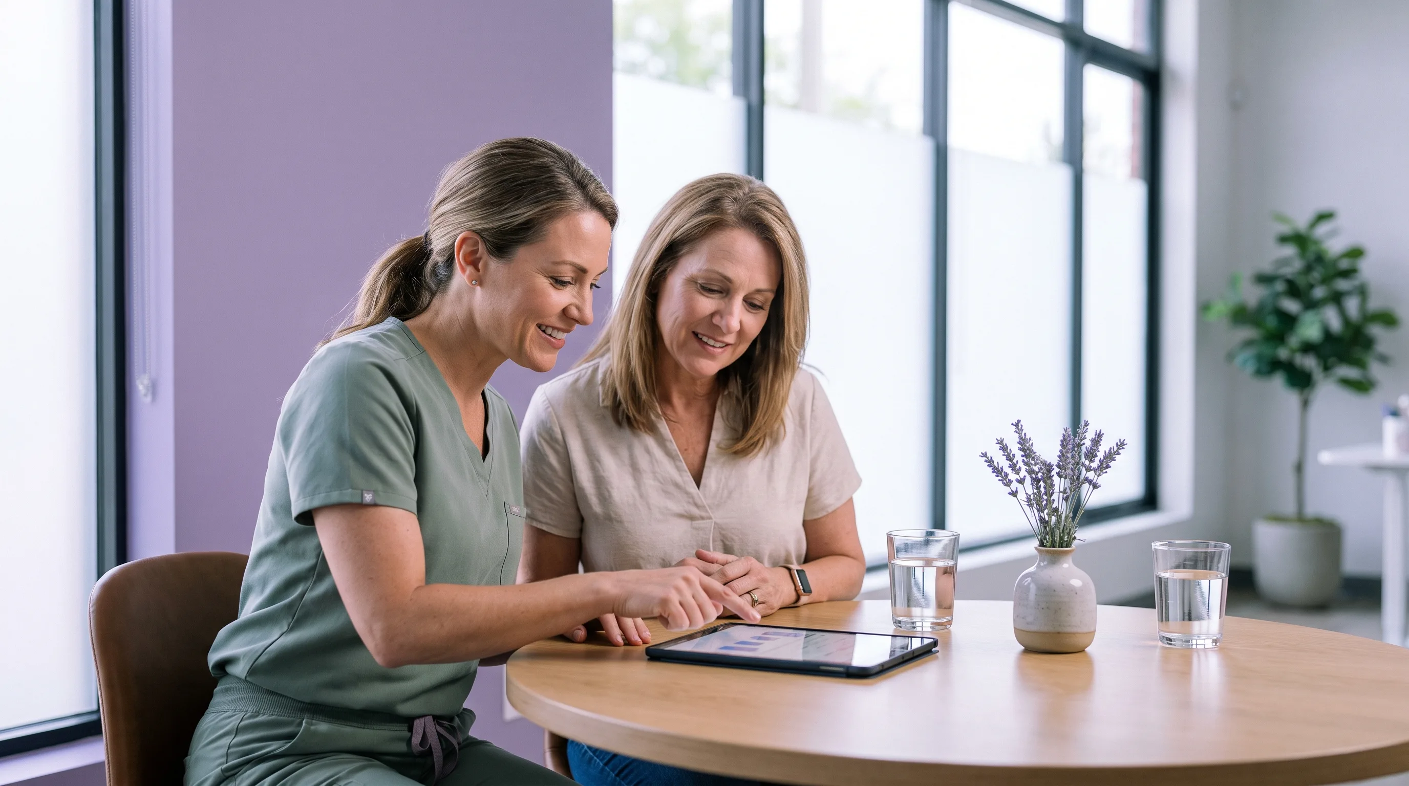 low testosterone in women — nurse practitioner reviewing hormone lab results with a female patient during a consultation