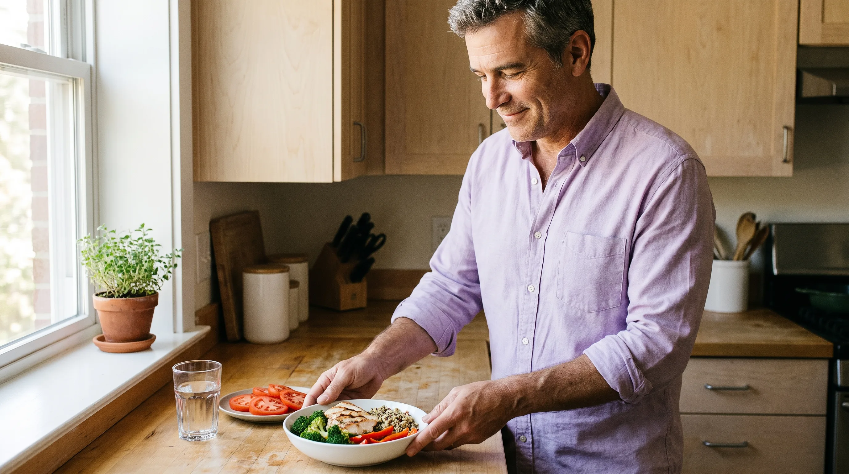 Man in a lavender shirt setting out a meal with chicken, quinoa, and vegetables